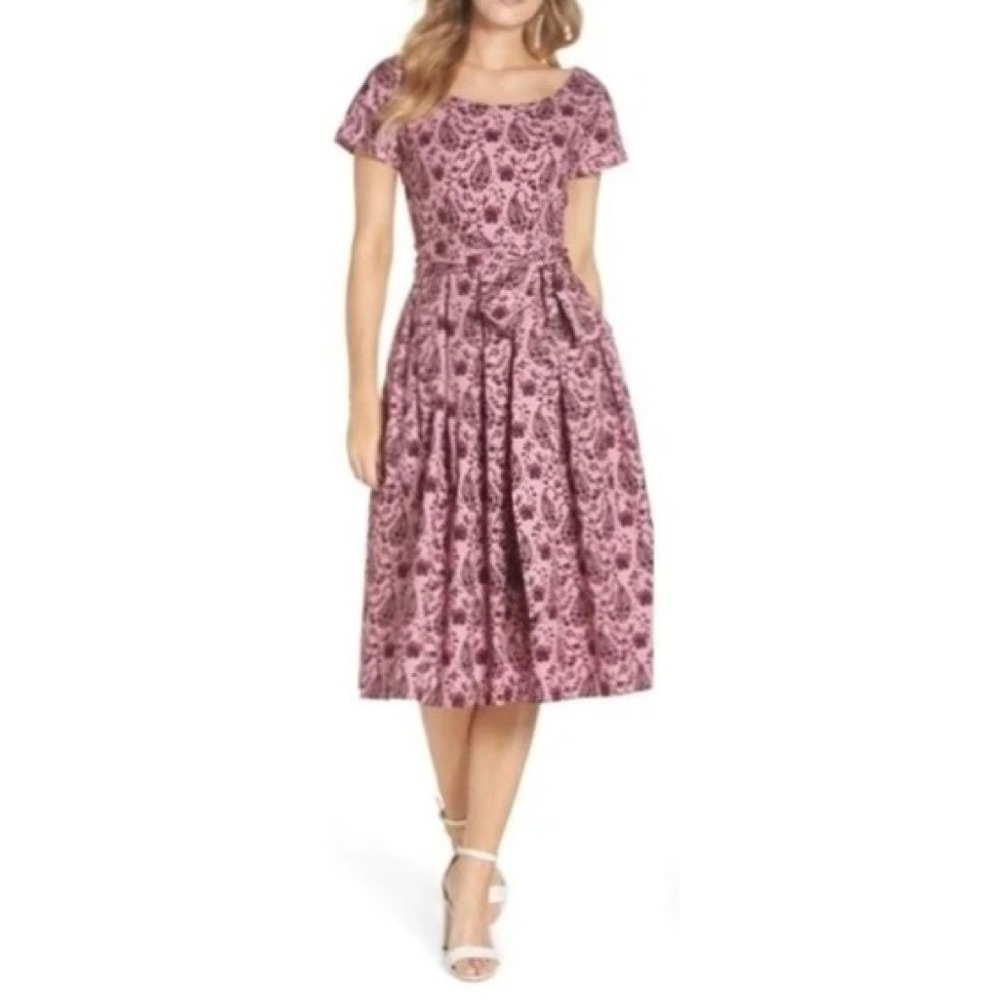 GAL MEETS GLAM Hallie Dress Paisley Floral Pink Purple Box Pleats Pockets Size 8 - Picture 5 of 15